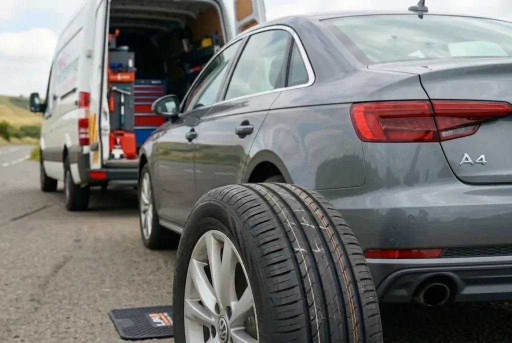 A specialist technician performing mobile tyre fitting at home for a customer in Dunstable, ensuring perfect balance and safety.